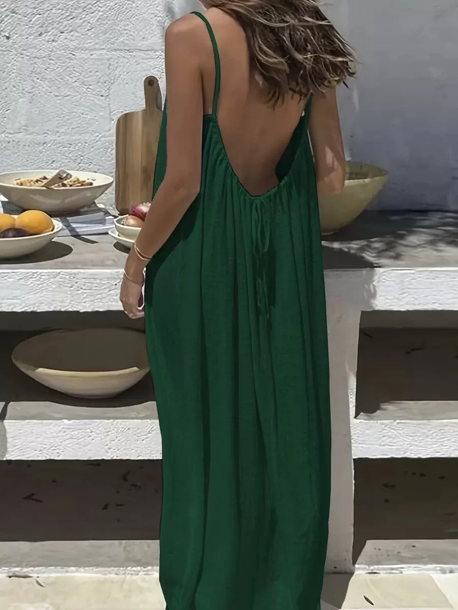 Backless Loose-fit Loungewear Blended Solid Color Maxi Dresses - Image 7