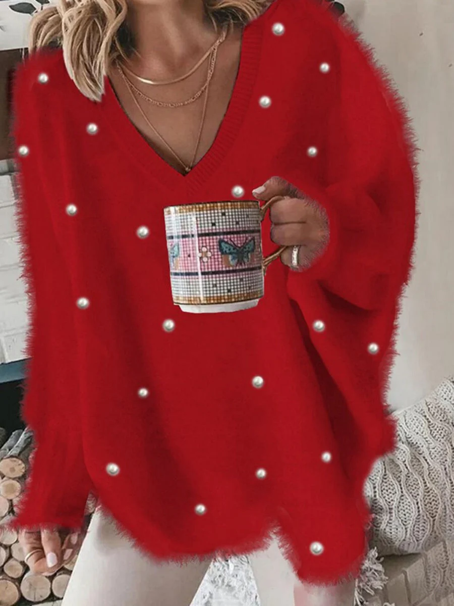 Beading Pearl Loose-fit Sweaters - Image 7