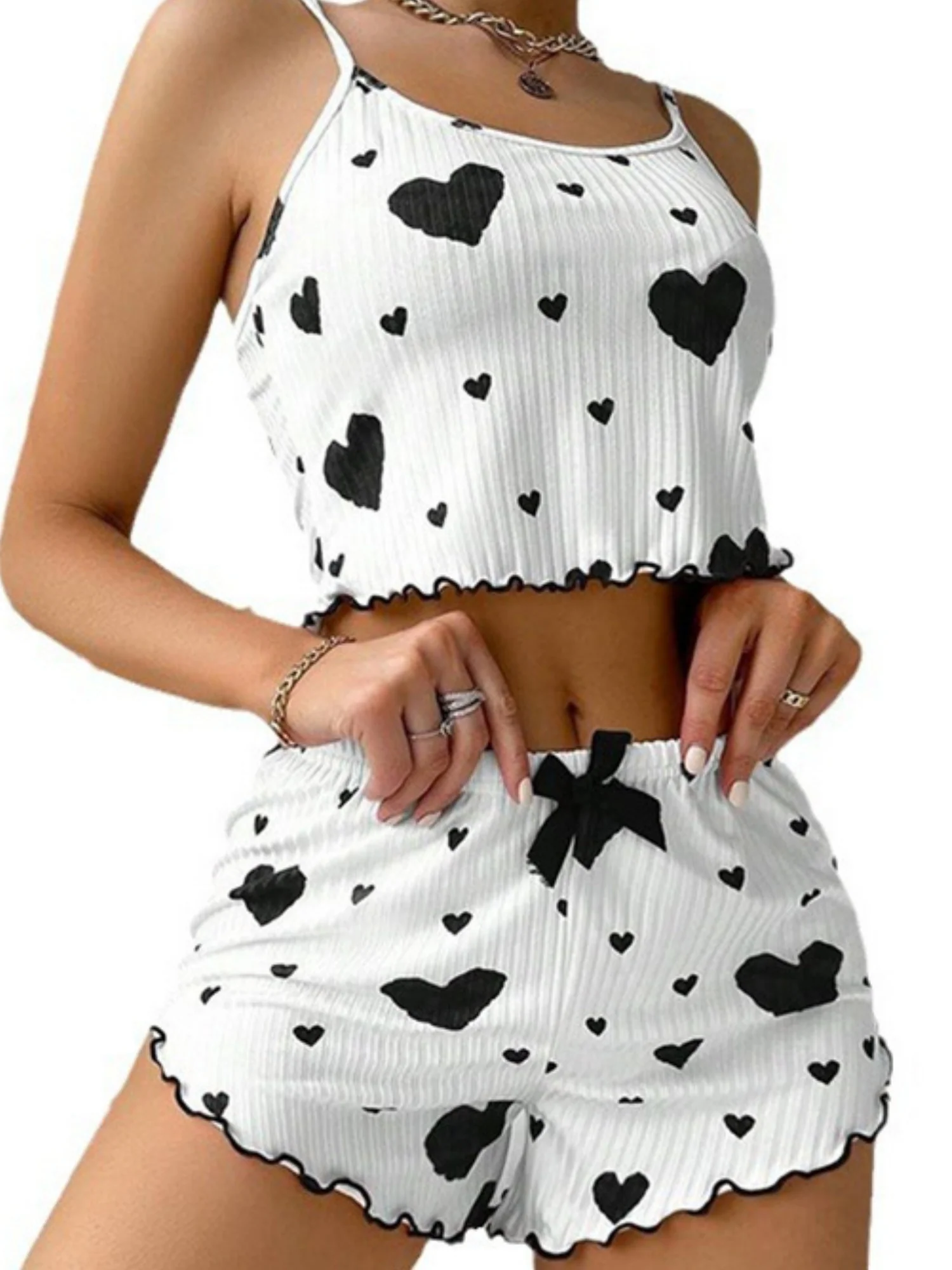 Heart Print Suspender Shorts Pajama Set - Image 3