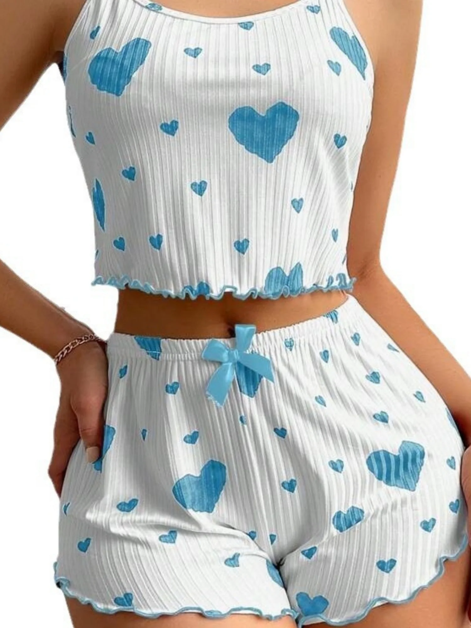 Heart Print Suspender Shorts Pajama Set - Image 4