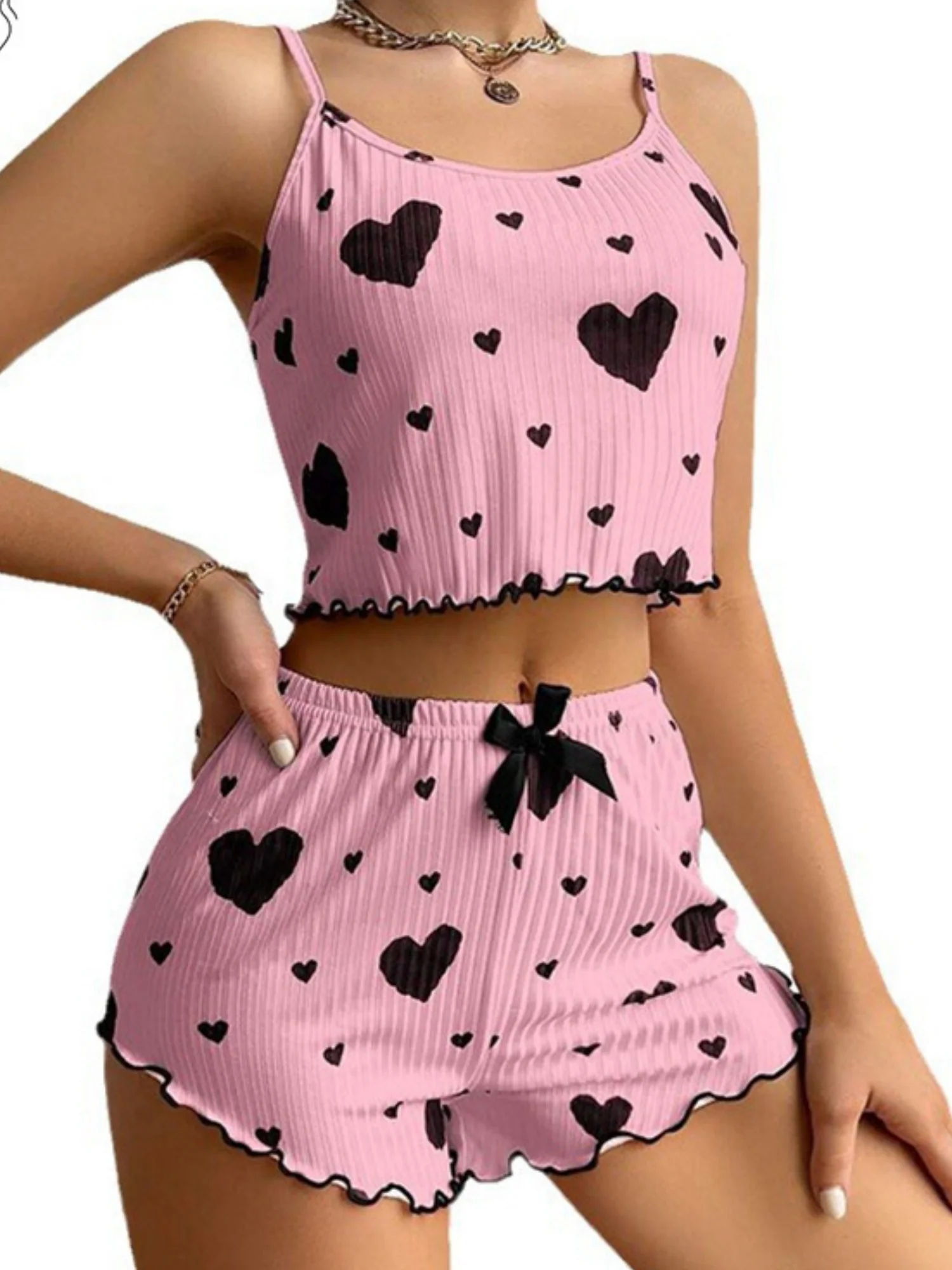 Heart Print Suspender Shorts Pajama Set - Image 5