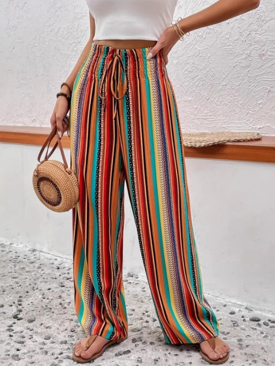 Color Lace Up Straight-fit Loose-fit Pants