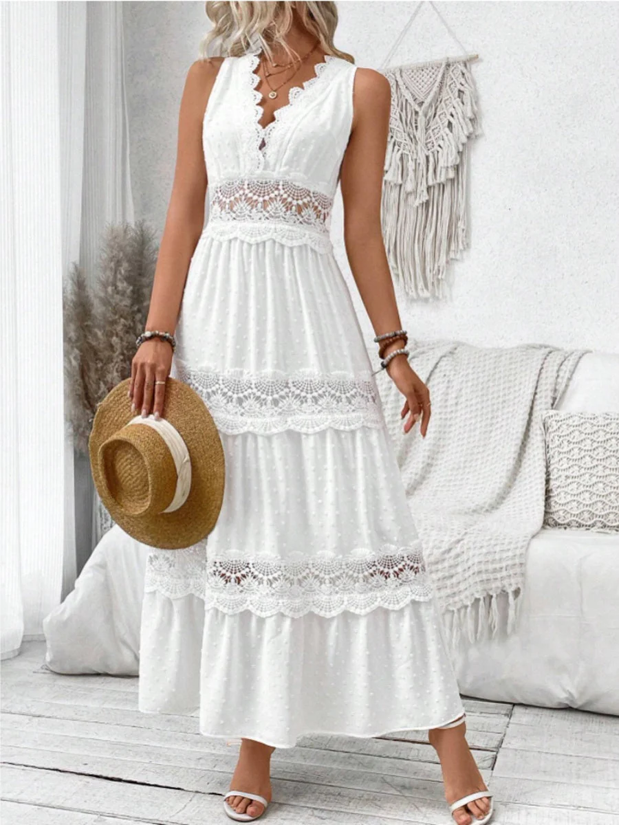 Cotton Blend Lace Solid Color Maxi Dresses - Image 2
