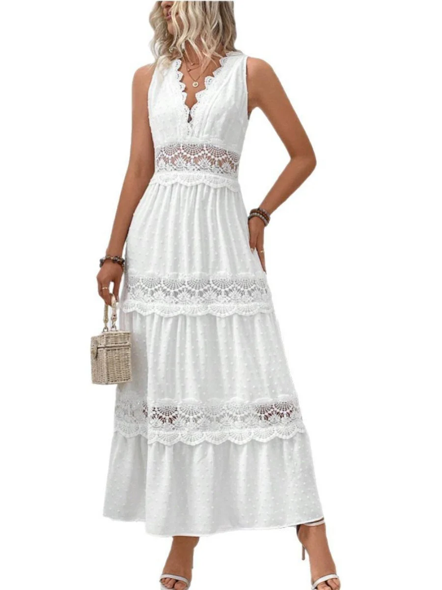 Cotton Blend Lace Solid Color Maxi Dresses - Image 5