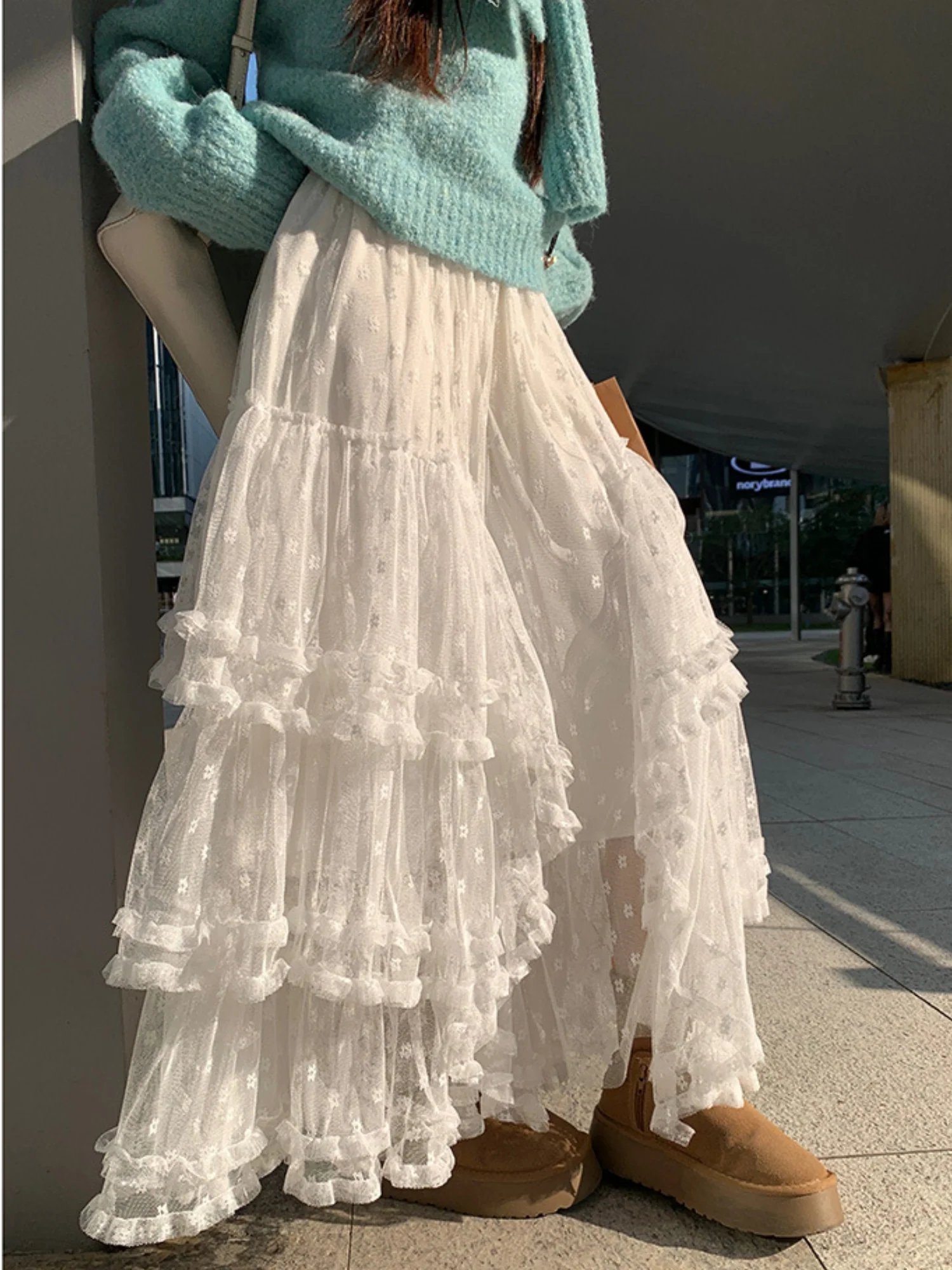 Floral Mesh Wood Ear Edge Splicing Sweet Cake Skirt - Image 3