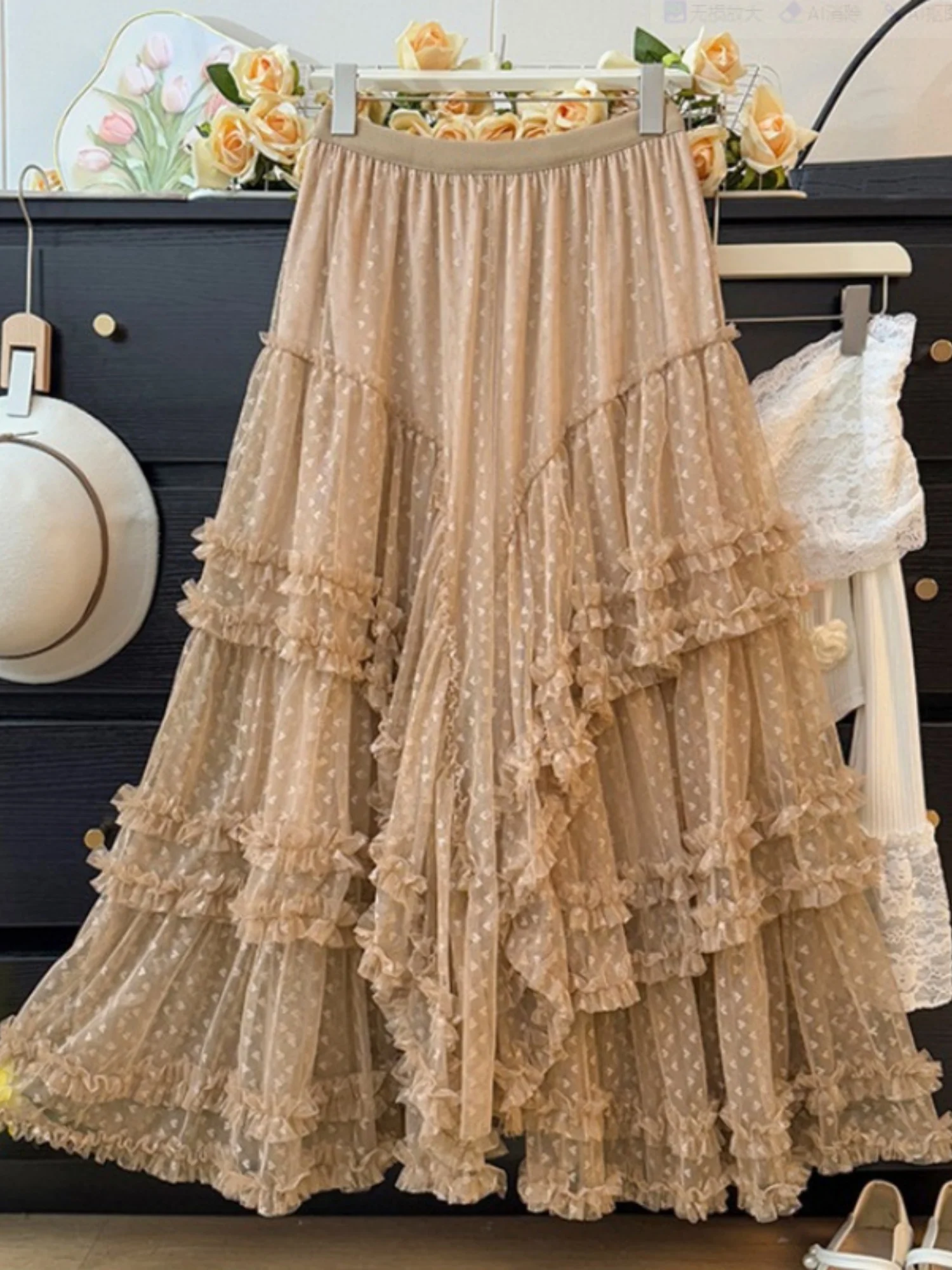 Floral Mesh Wood Ear Edge Splicing Sweet Cake Skirt - Image 5