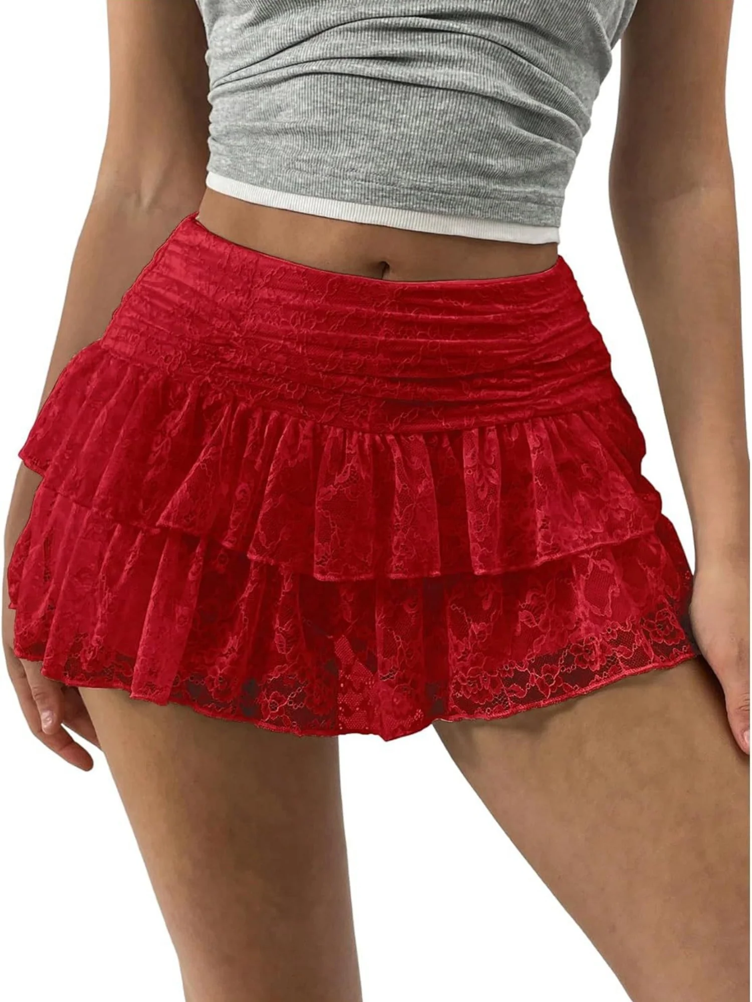 Y2K Lace Trim Low-waisted Pleats Multi-tiered Cake Skirt Sweet Short Skirt - Image 11