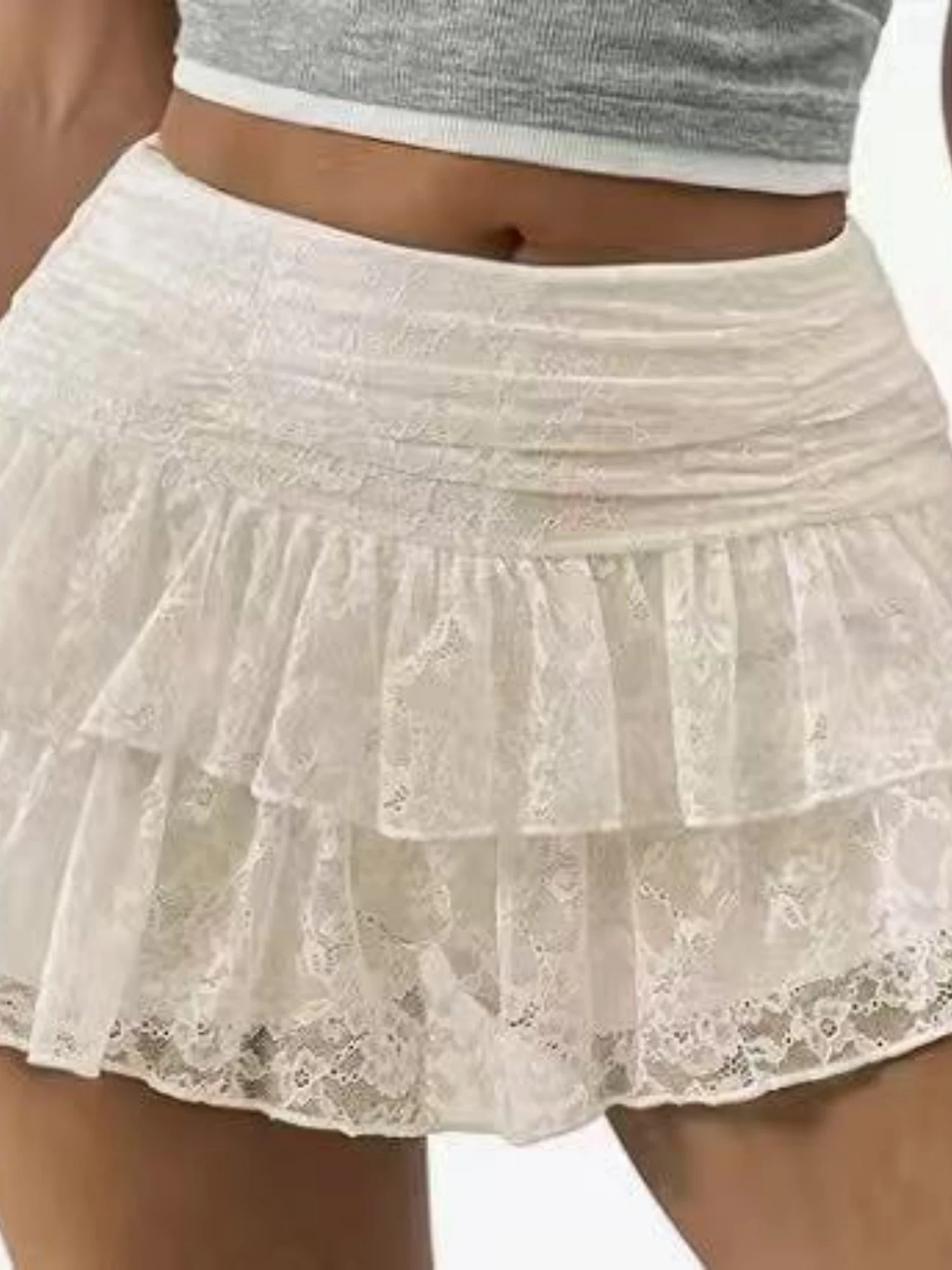 Y2K Lace Trim Low-waisted Pleats Multi-tiered Cake Skirt Sweet Short Skirt - Image 12