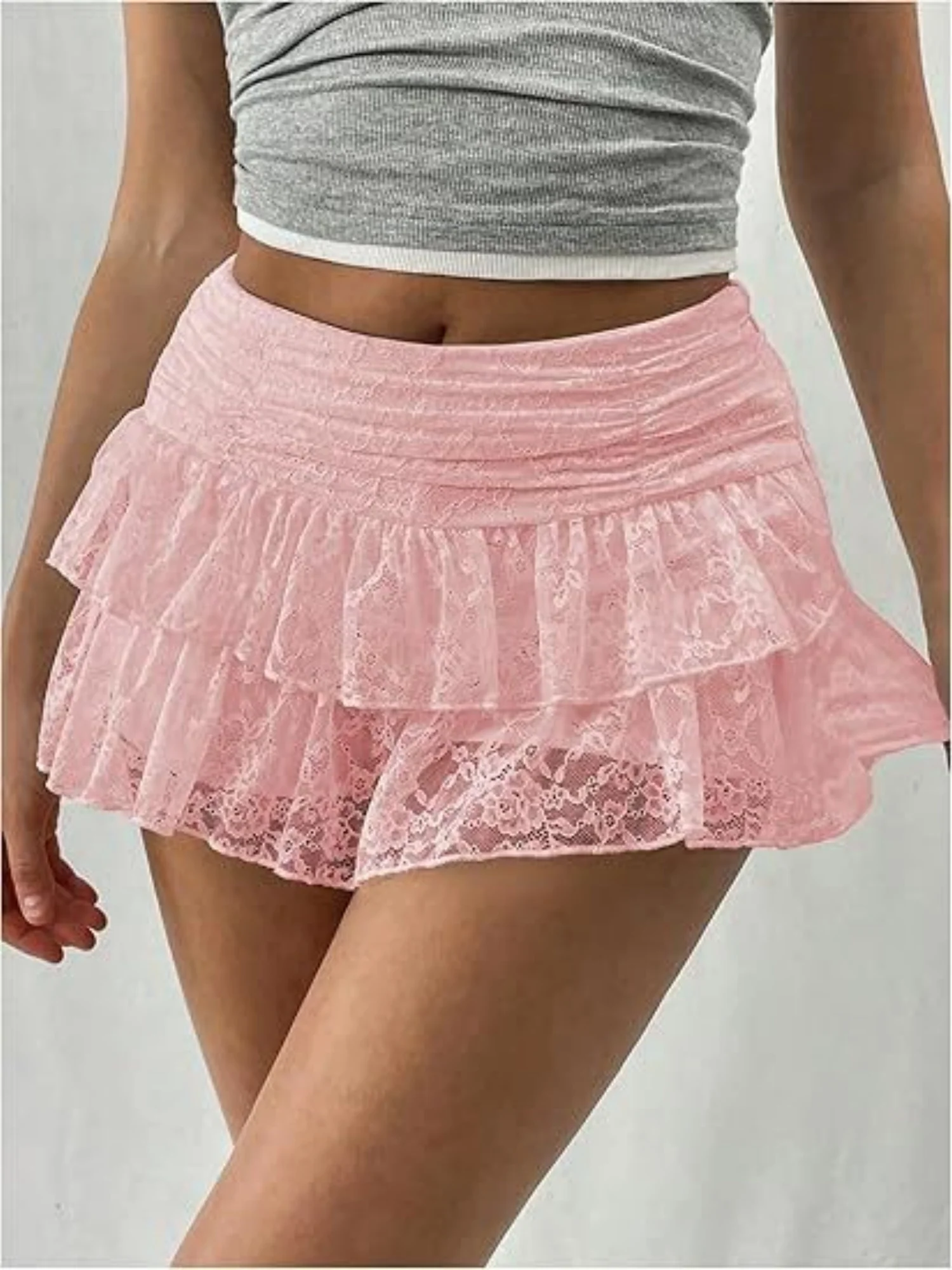 Y2K Lace Trim Low-waisted Pleats Multi-tiered Cake Skirt Sweet Short Skirt - Image 3