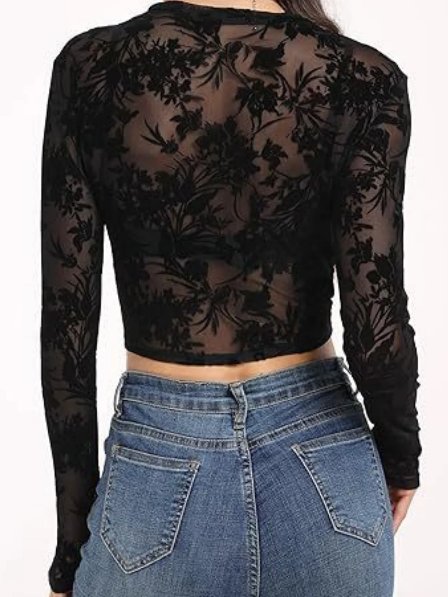 Mesh Transparent Flocking Printing Long-sleeved T-shirt - Image 4