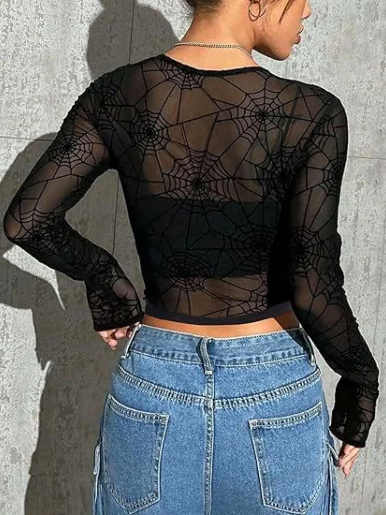 Mesh Transparent Flocking Printing Long-sleeved T-shirt - Image 6