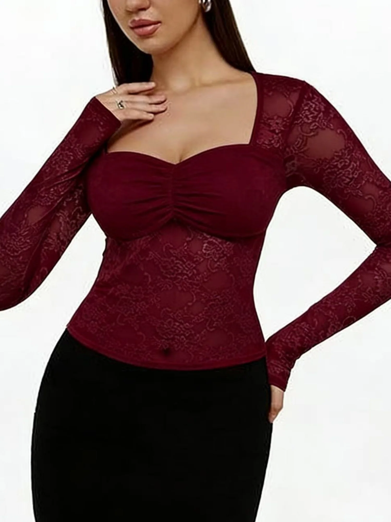 Lace See-through Square Neckline And Fitted Waist Long-sleeved T-shirt - Image 3