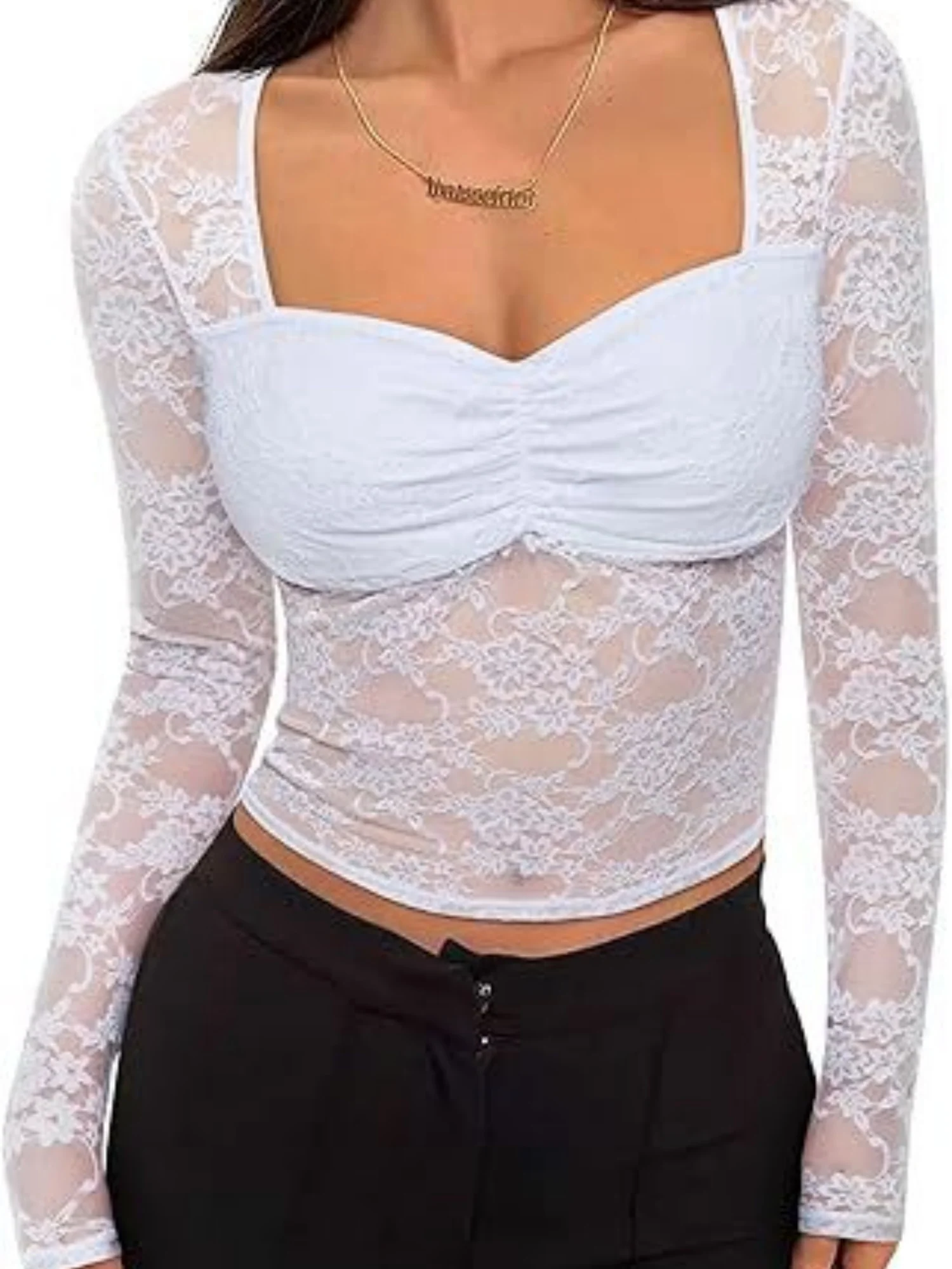 Lace See-through Square Neckline And Fitted Waist Long-sleeved T-shirt - Image 4