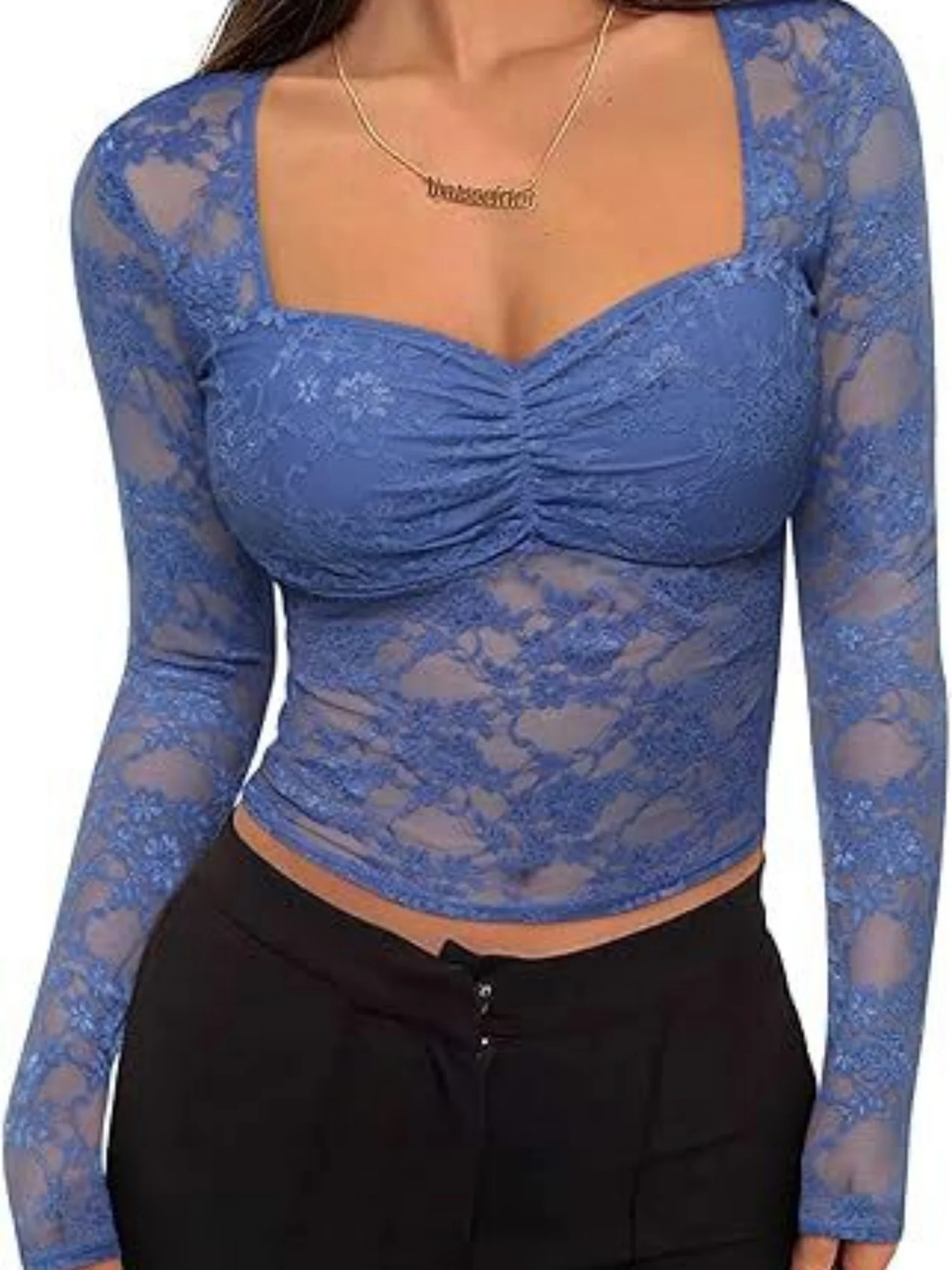Lace See-through Square Neckline And Fitted Waist Long-sleeved T-shirt - Image 5