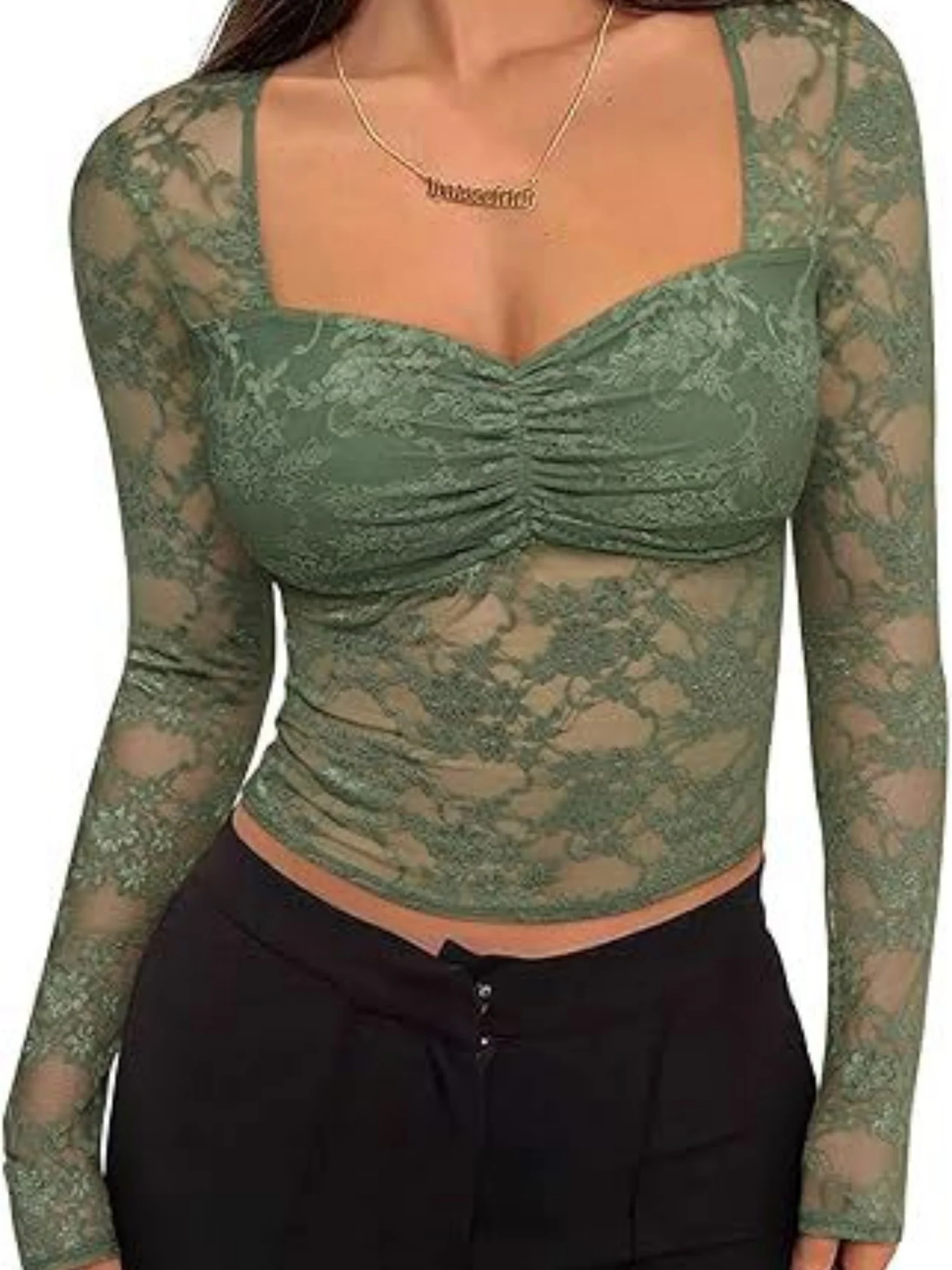 Lace See-through Square Neckline And Fitted Waist Long-sleeved T-shirt - Image 6