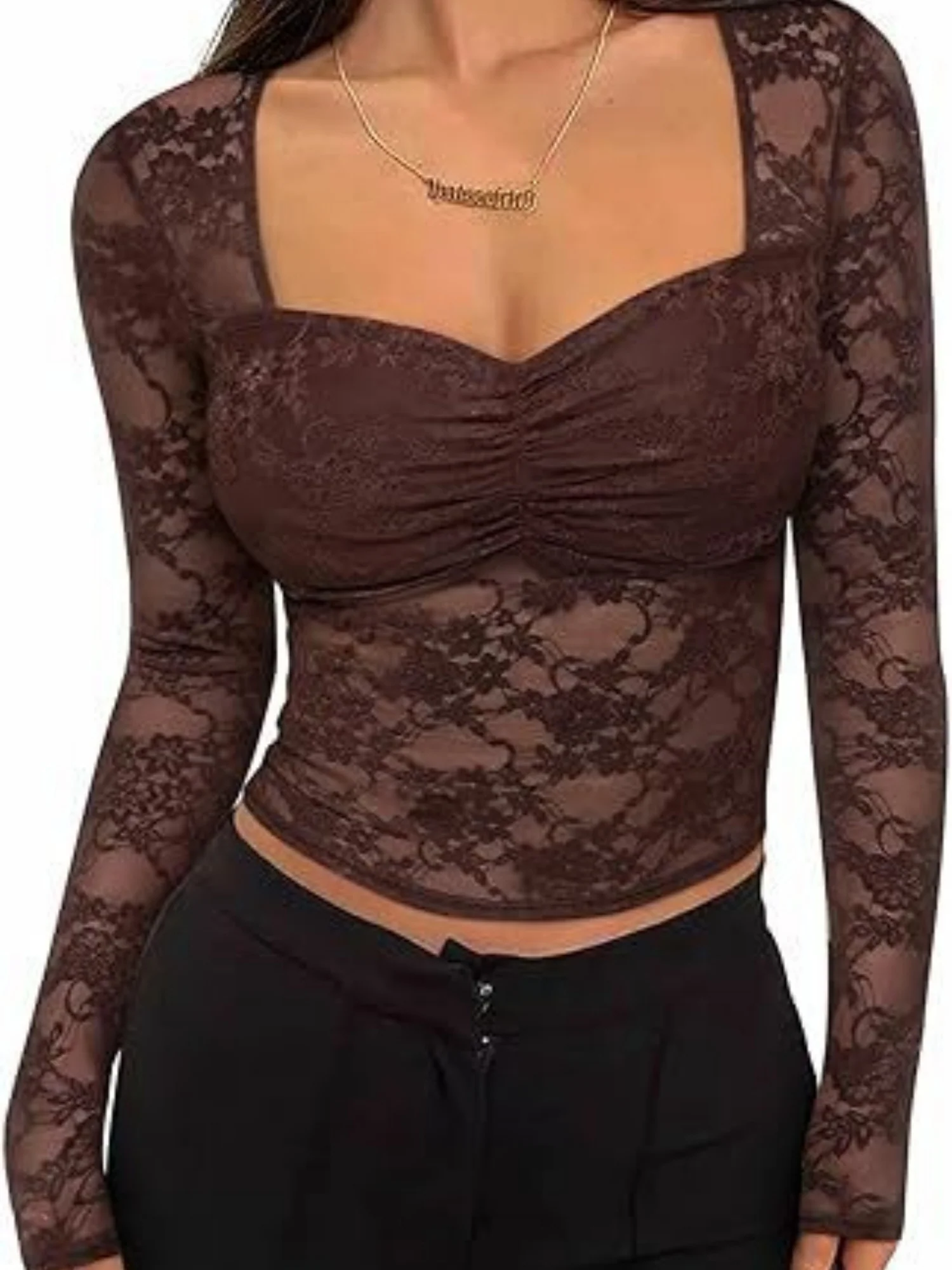 Lace See-through Square Neckline And Fitted Waist Long-sleeved T-shirt - Image 7