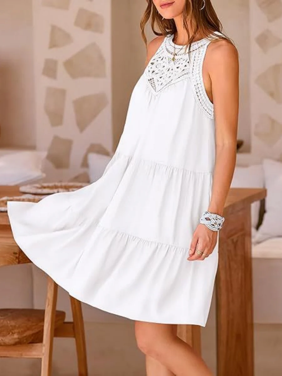 Loose-fit Trim Hollow Lace Halter Mini&Short Dresses - Image 3