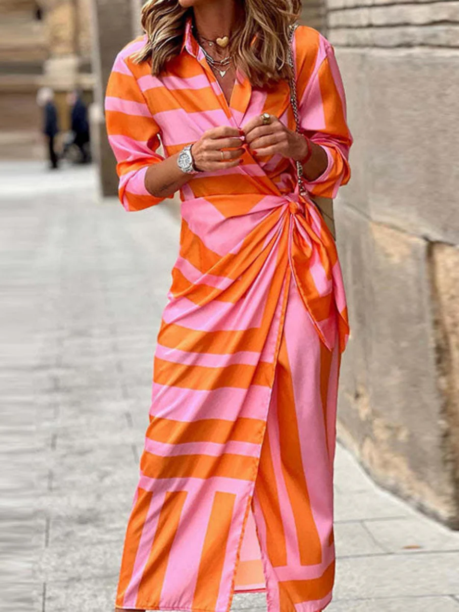 Wrap-up Shirt Collar Lace Up Printed Maxi Dresses - Image 10