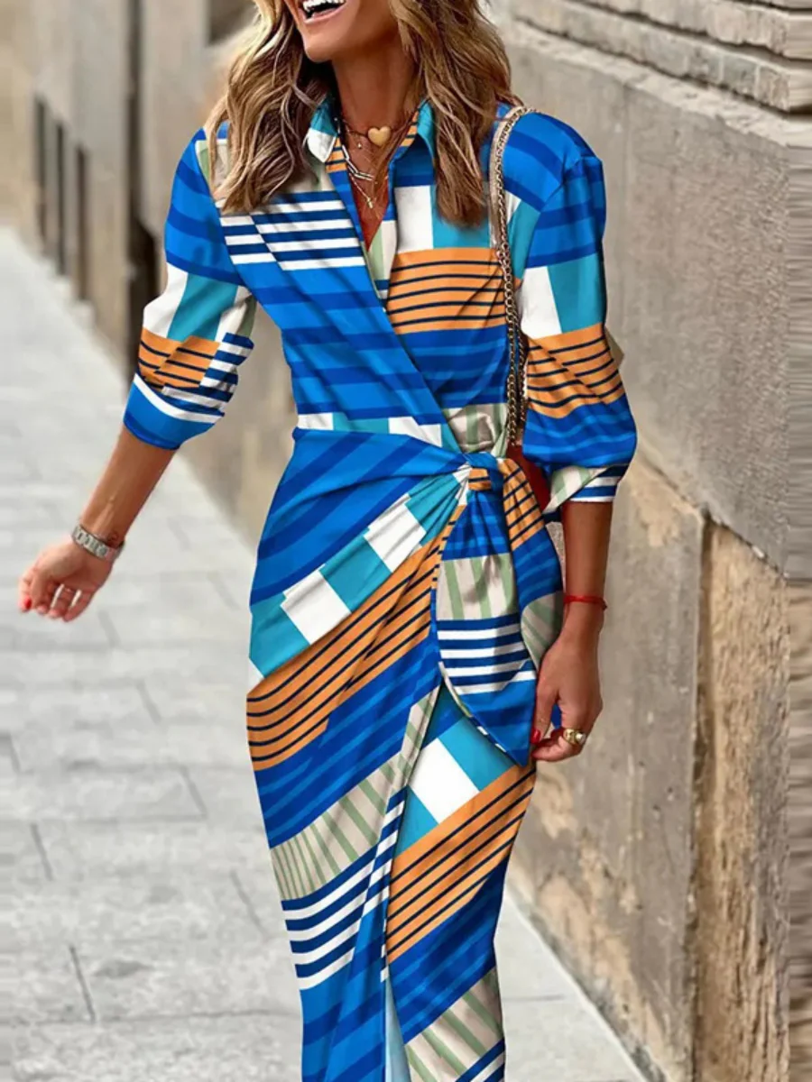 Wrap-up Shirt Collar Lace Up Printed Maxi Dresses - Image 13