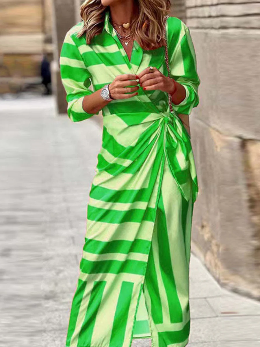 Wrap-up Shirt Collar Lace Up Printed Maxi Dresses - Image 15