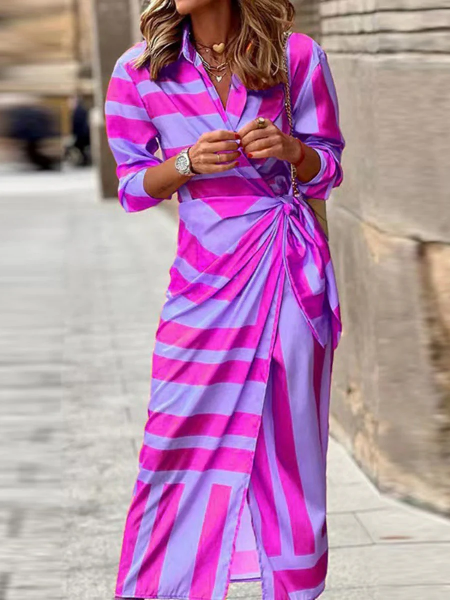 Wrap-up Shirt Collar Lace Up Printed Maxi Dresses - Image 16