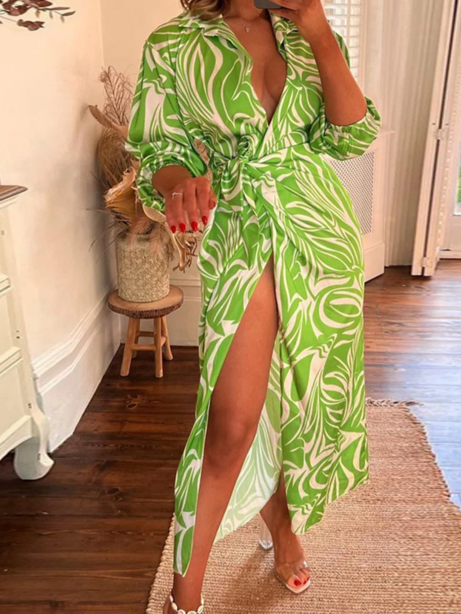 Wrap-up Shirt Collar Lace Up Printed Maxi Dresses - Image 2