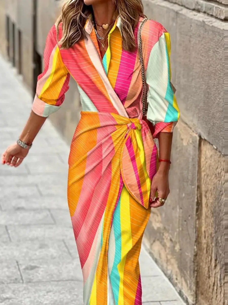 Wrap-up Shirt Collar Lace Up Printed Maxi Dresses - Image 3