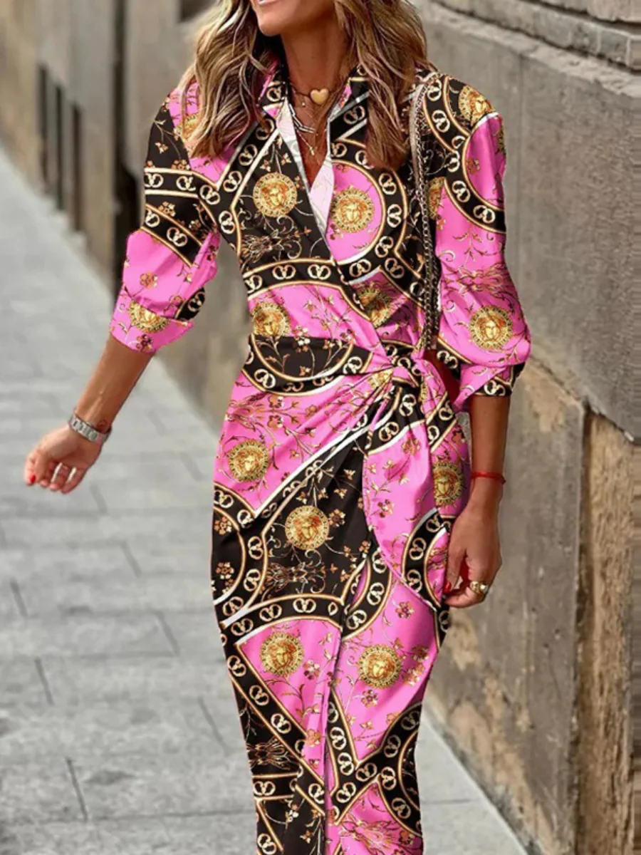 Wrap-up Shirt Collar Lace Up Printed Maxi Dresses - Image 6