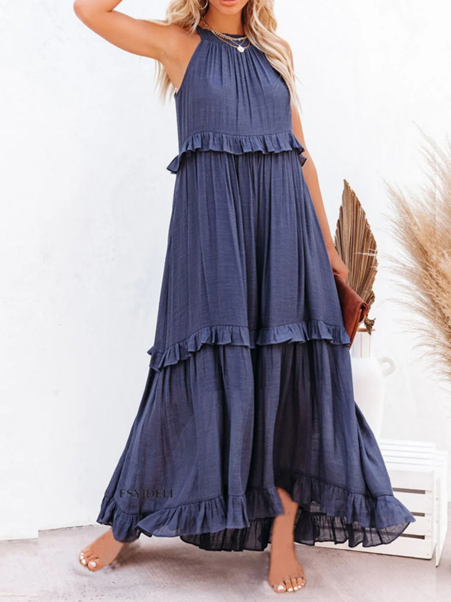 Camisoles Loose-fit Multi-story Irregular Solid Color Maxi Dresses