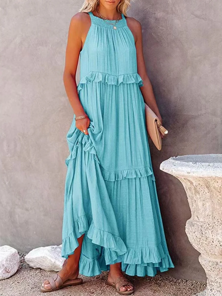 Camisoles Loose-fit Multi-story Irregular Solid Color Maxi Dresses - Image 13