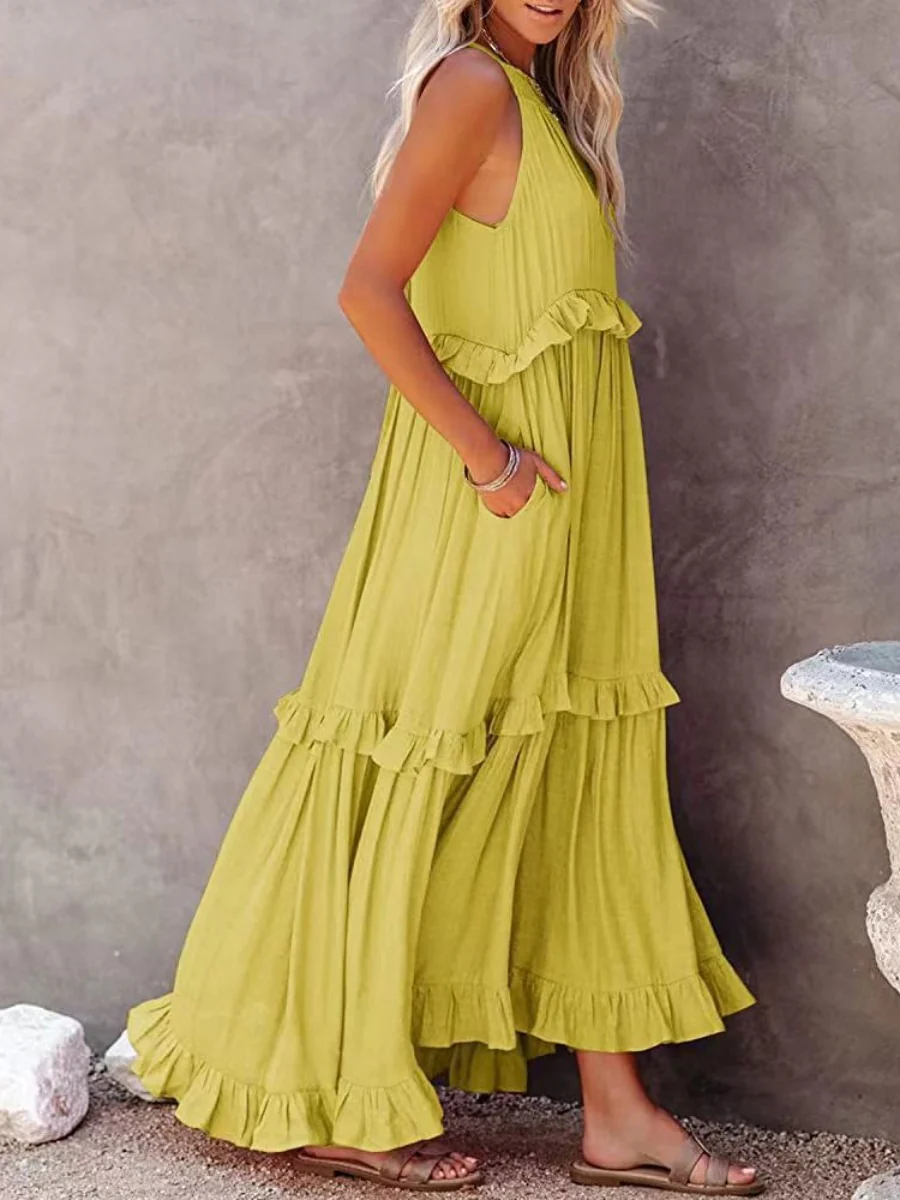 Camisoles Loose-fit Multi-story Irregular Solid Color Maxi Dresses - Image 18
