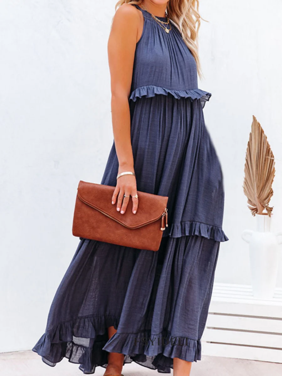 Camisoles Loose-fit Multi-story Irregular Solid Color Maxi Dresses - Image 2