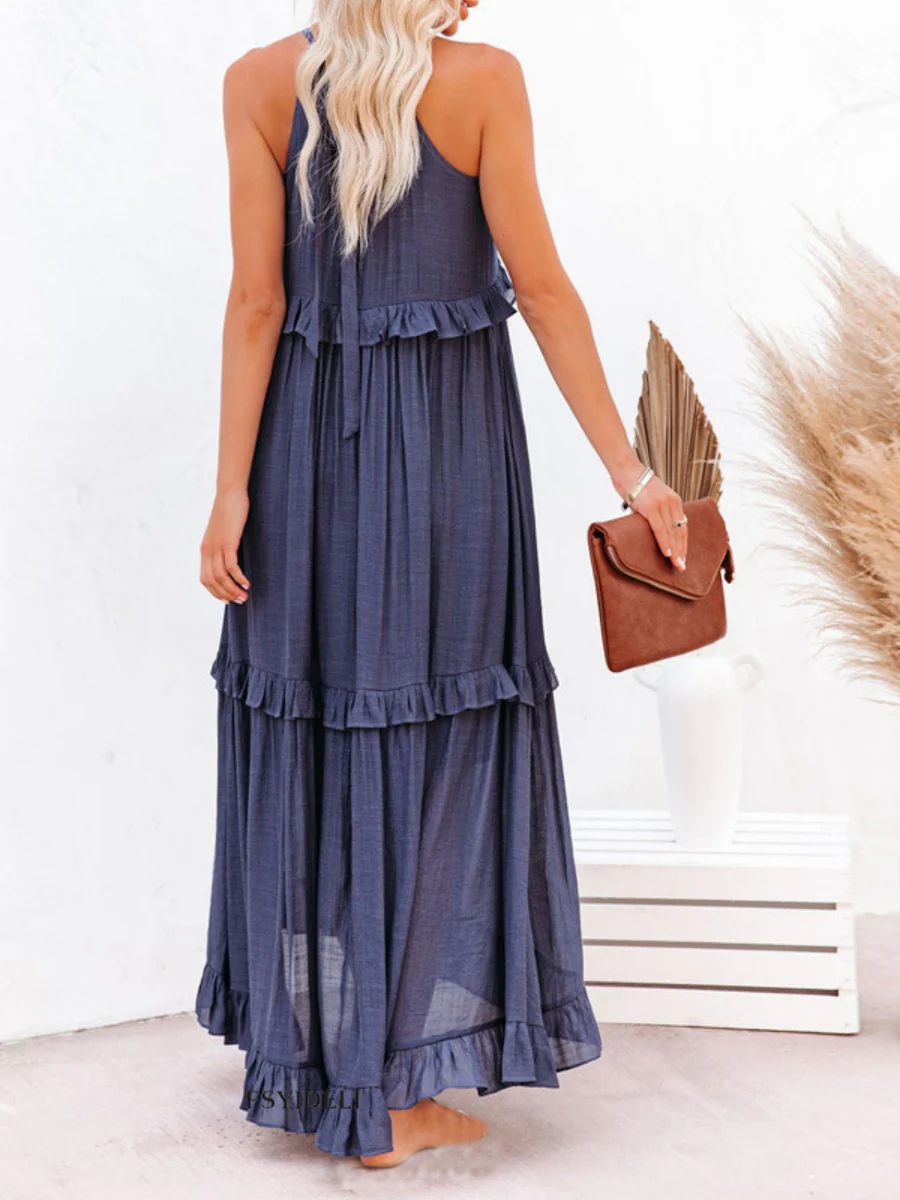 Camisoles Loose-fit Multi-story Irregular Solid Color Maxi Dresses - Image 3