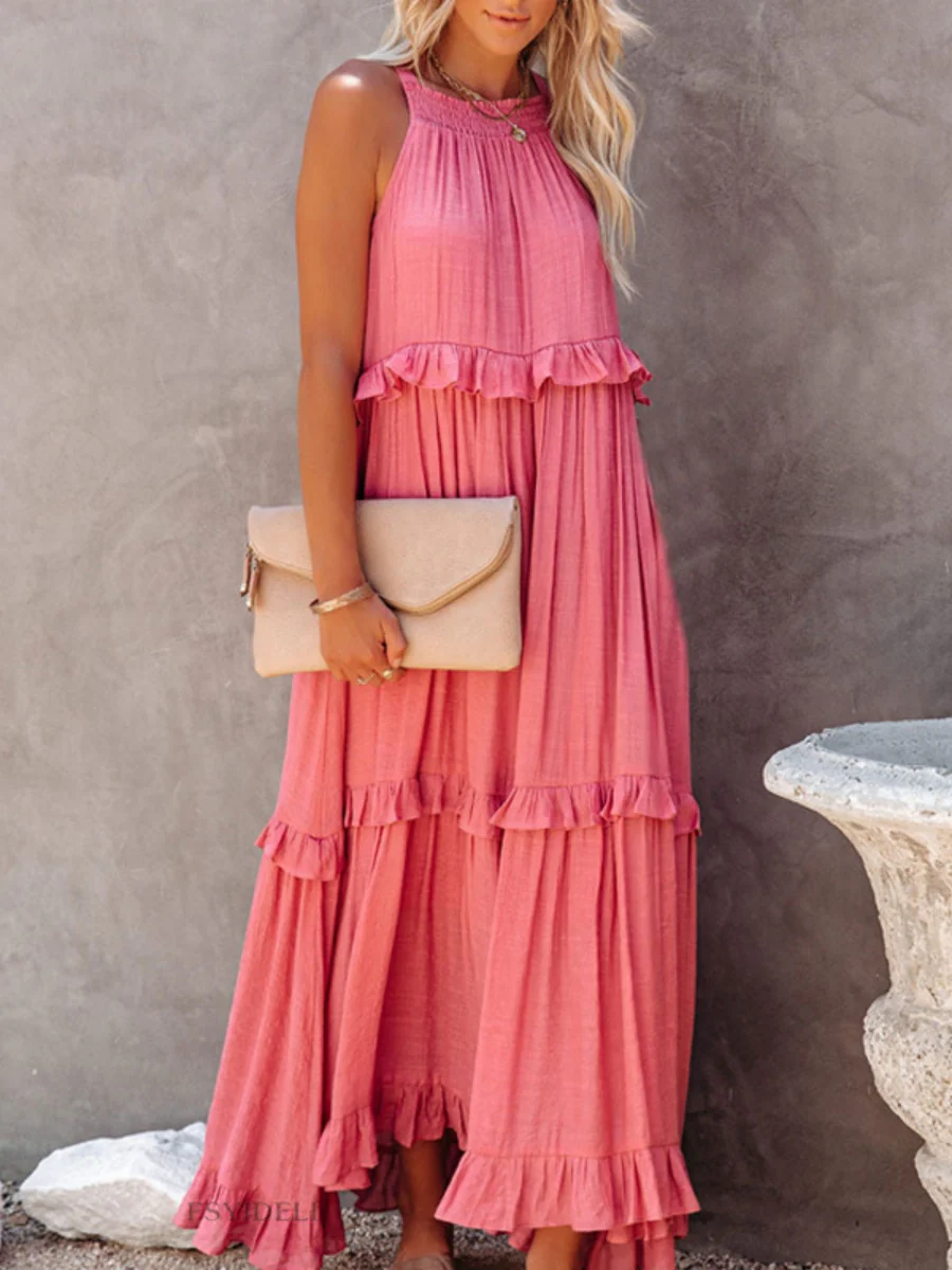 Camisoles Loose-fit Multi-story Irregular Solid Color Maxi Dresses - Image 8