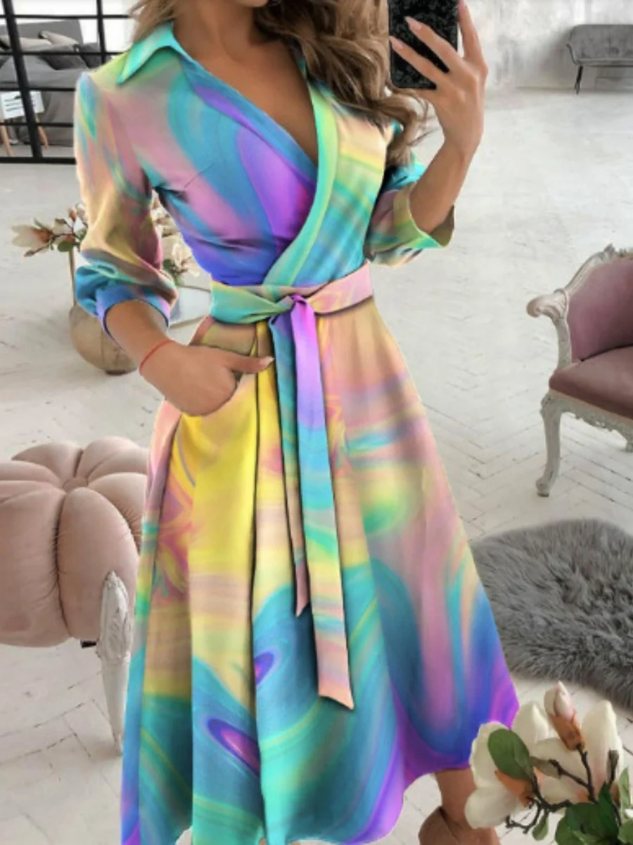 Lace Up Shirts Irregular Printed Maxi Dresses - Image 24