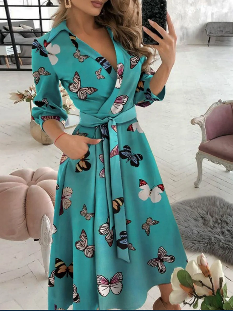 Lace Up Shirts Irregular Printed Maxi Dresses - Image 4
