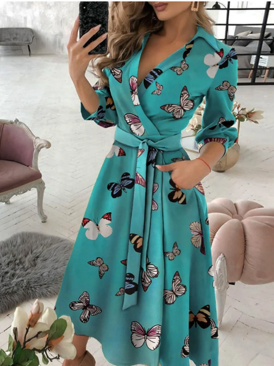 Lace Up Shirts Irregular Printed Maxi Dresses - Image 5