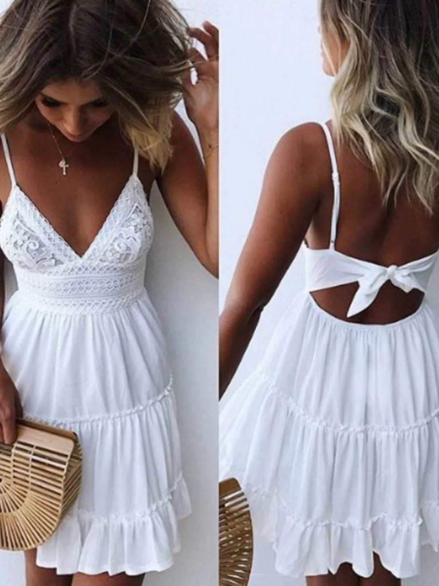 Camisoles Bandage Lace Solid Color Mini&Short Dresses