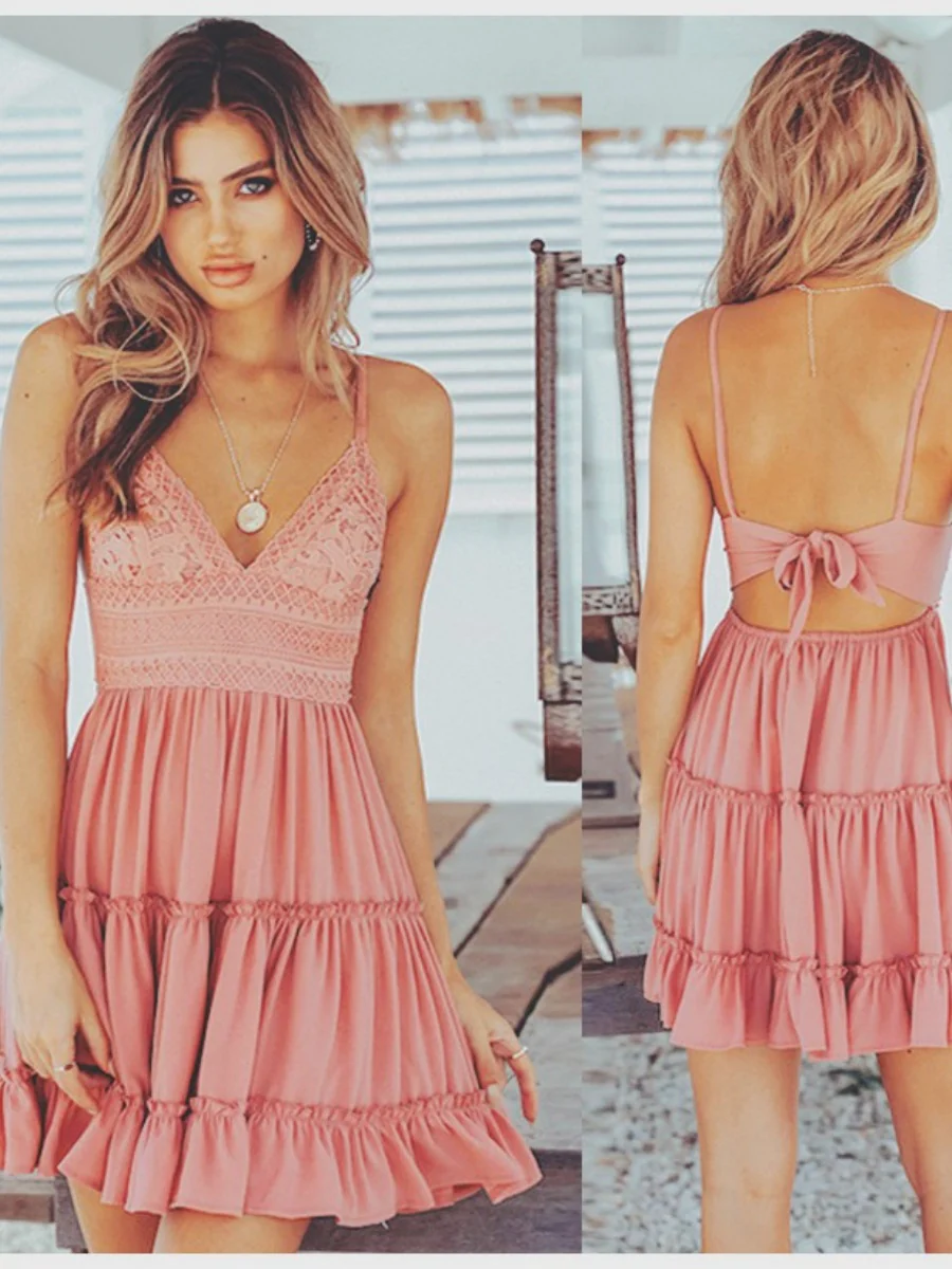 Camisoles Bandage Lace Solid Color Mini&Short Dresses - Image 7