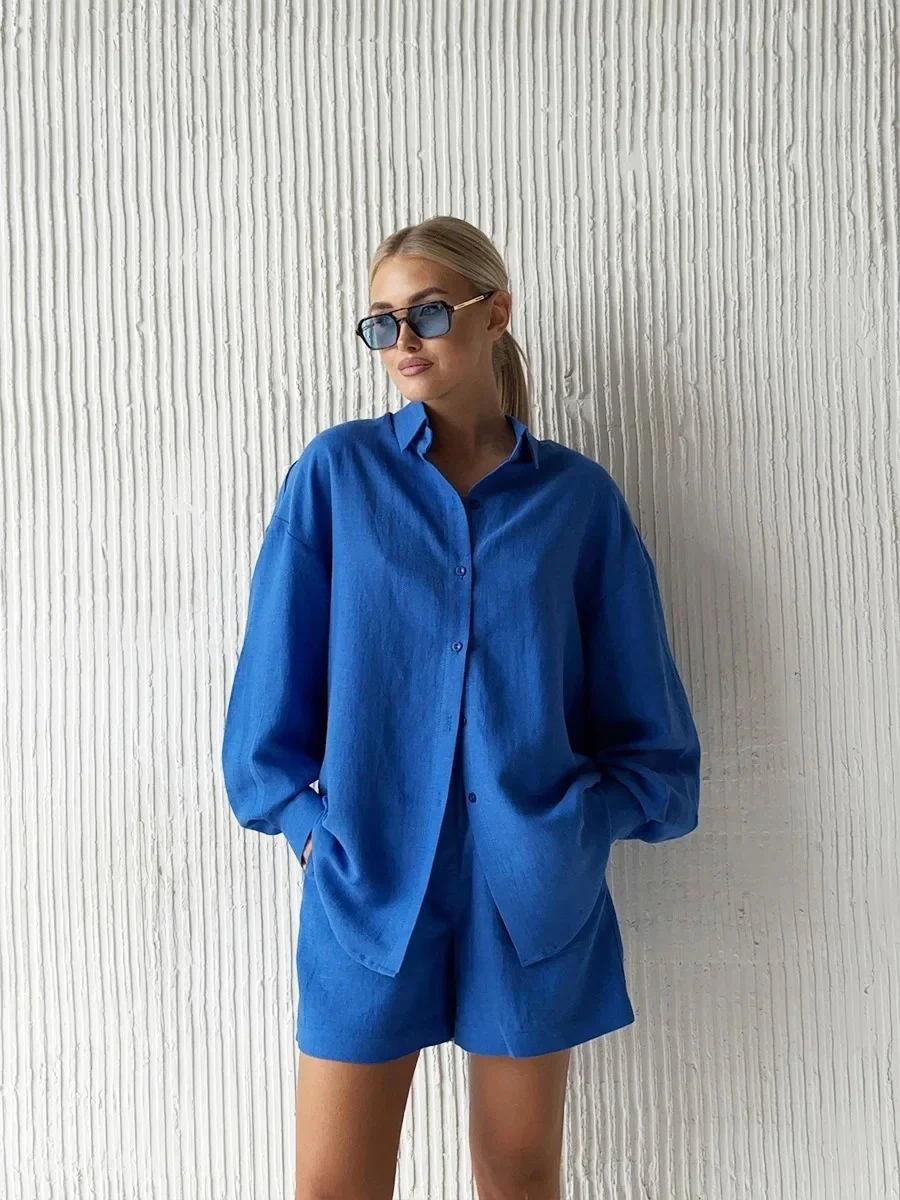 Loose-fit Long Sleeve Shirts Shorts Set 2-piece Sets - Image 13