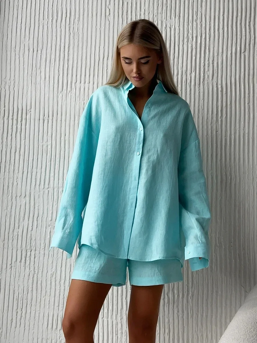 Loose-fit Long Sleeve Shirts Shorts Set 2-piece Sets - Image 16