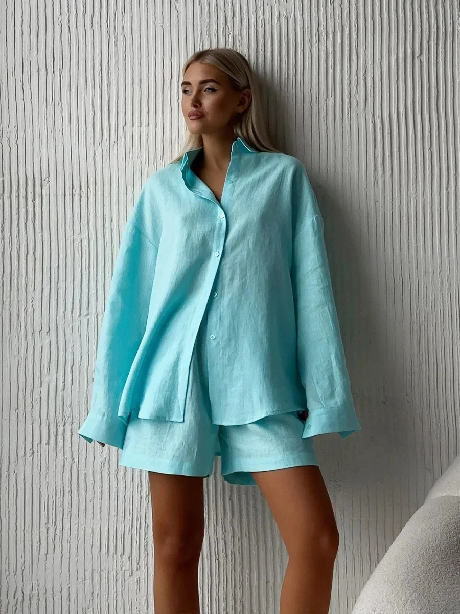 Loose-fit Long Sleeve Shirts Shorts Set 2-piece Sets - Image 17