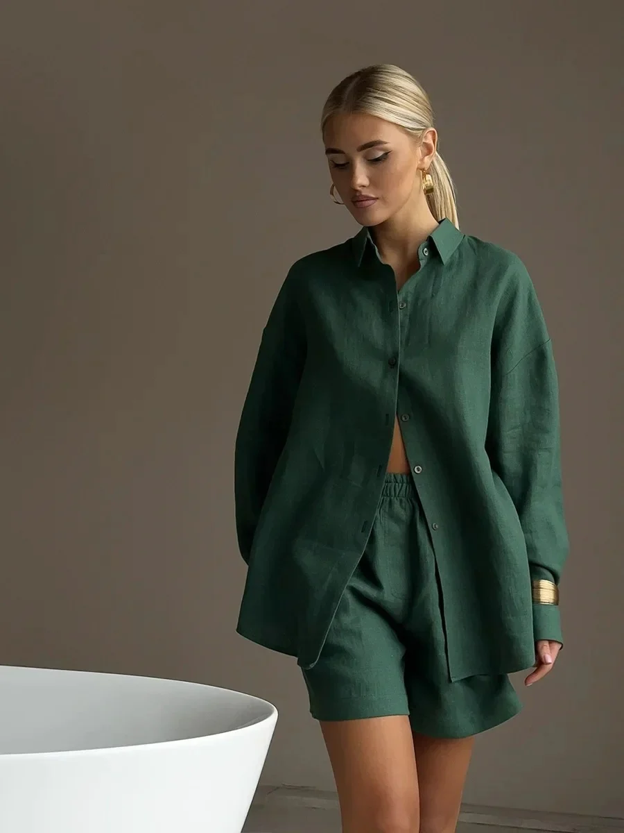 Loose-fit Long Sleeve Shirts Shorts Set 2-piece Sets - Image 18