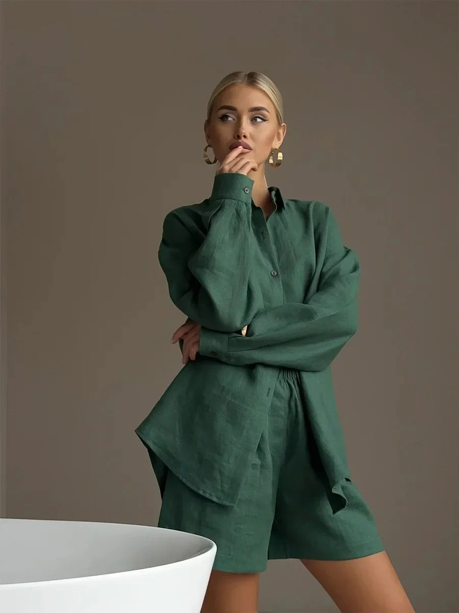 Loose-fit Long Sleeve Shirts Shorts Set 2-piece Sets - Image 19
