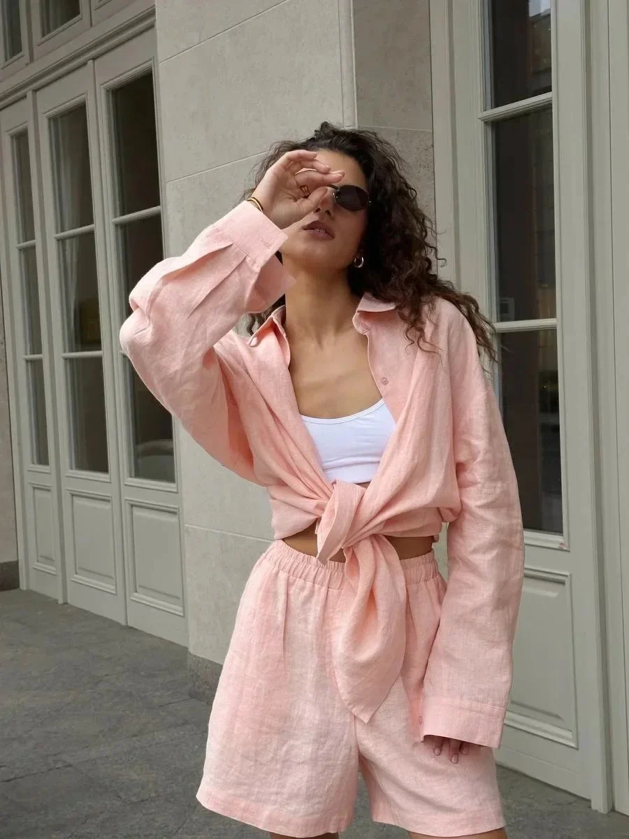 Loose-fit Long Sleeve Shirts Shorts Set 2-piece Sets - Image 22
