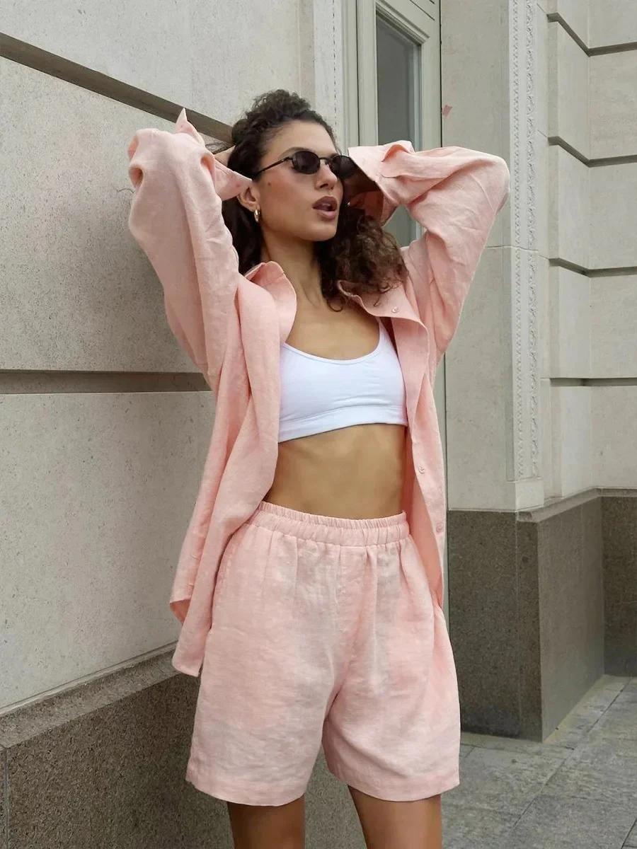 Loose-fit Long Sleeve Shirts Shorts Set 2-piece Sets - Image 23