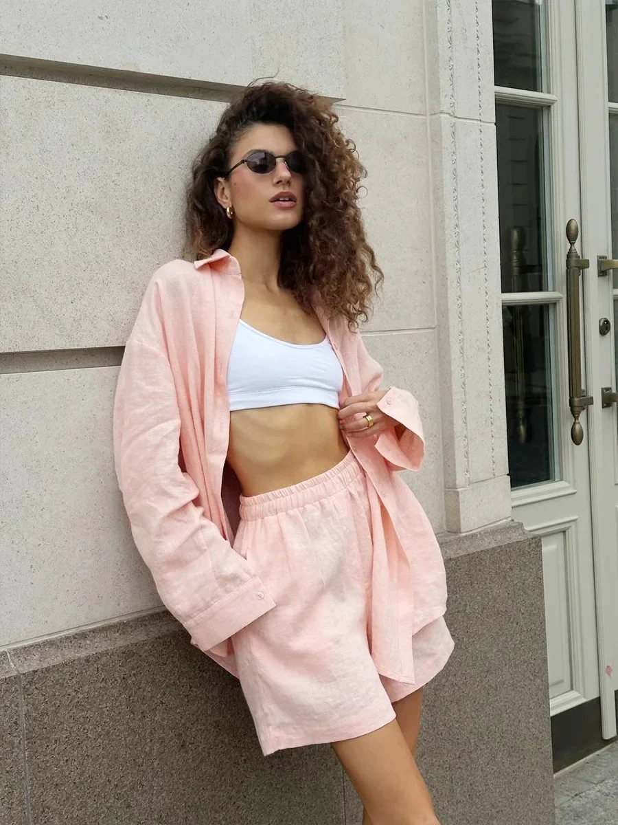 Loose-fit Long Sleeve Shirts Shorts Set 2-piece Sets - Image 24