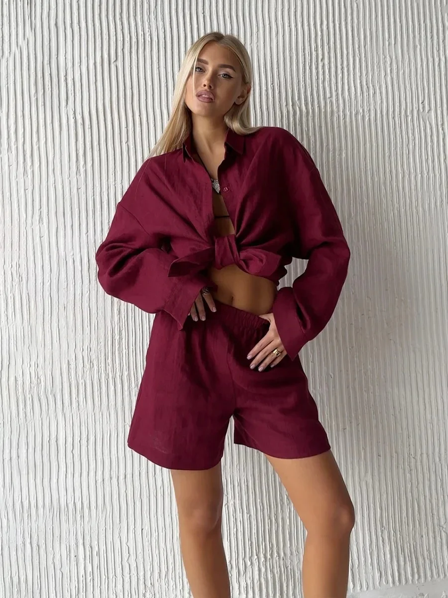Loose-fit Long Sleeve Shirts Shorts Set 2-piece Sets - Image 29