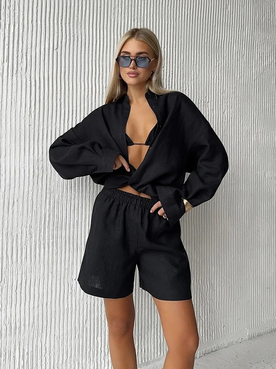 Loose-fit Long Sleeve Shirts Shorts Set 2-piece Sets - Image 4