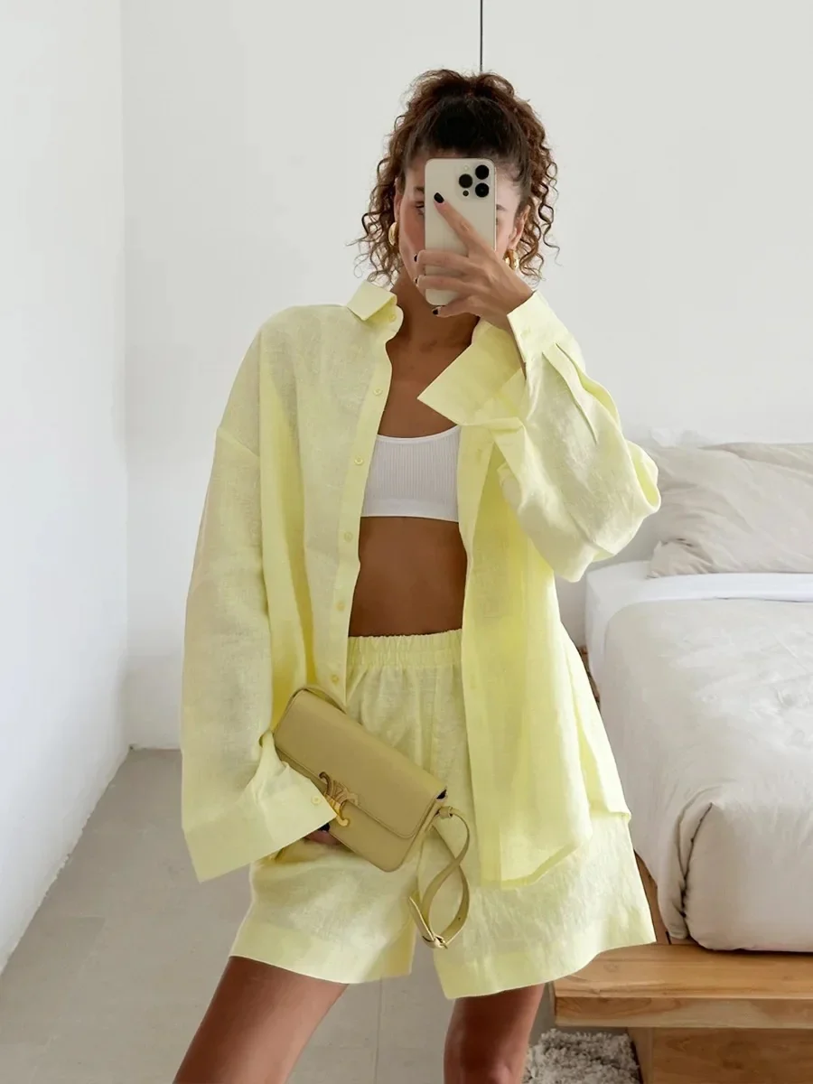 Loose-fit Long Sleeve Shirts Shorts Set 2-piece Sets - Image 8
